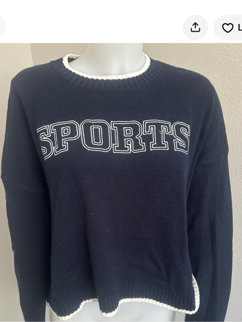 Sincerly Jules Navy 'SPORTS' Crewneck Sweater with white trim: PSU: size small